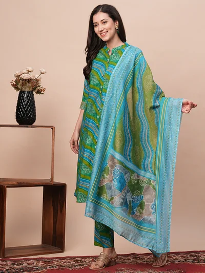 globus Women Leheriya Printed Mandarin Collar Thread Work Straight Kurta With Trousers & Dupatta