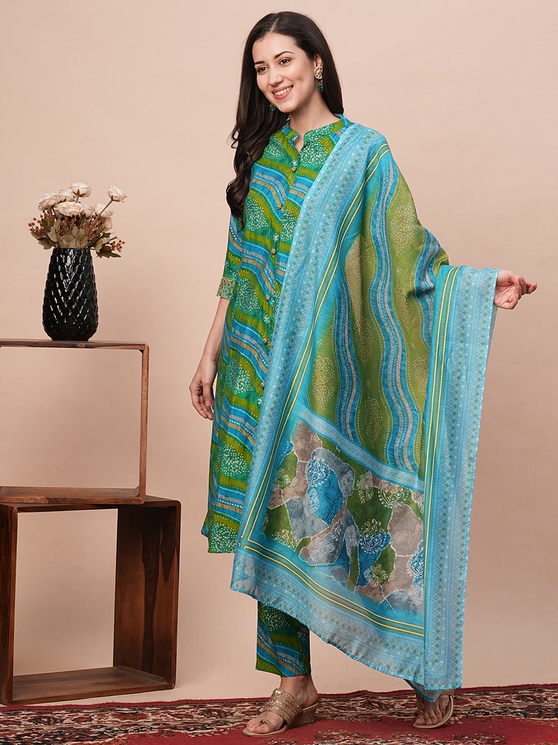 globus Globus Women Leheriya Printed Mandarin Collar Thread Work Straight Kurta With Trousers & Dupatta - Image 1