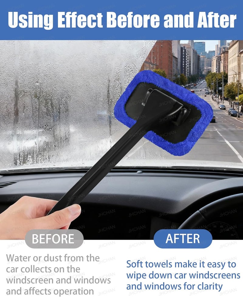 مجموعات أدوات تنظيف نوافذ السيارات الداخلية - فرشاة لزجاج السيارة والسقف مع 5 وسائد من الألياف الدقيقة القابلة للغسيل | لتنظيف السيارات والمنازل، أداة لتنظيف السيارات الداخلية لإزالة رطوبة الضباب (اللون الأزرق) - Image 5