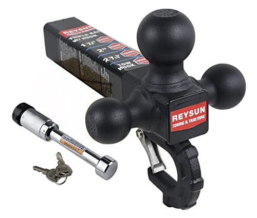 REYSUN Trailer Hitch 864011L Tri Ball Mount with Hook, Tactical Tow Hook, Fits 2 inch Hitch Receiver, Secure with Self-Lock Latch, Matt Black, 5/8 Inch Hitch Lock Included… - Image 2