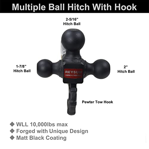 REYSUN Trailer Hitch 864011L Tri Ball Mount with Hook, Tactical Tow Hook, Fits 2 inch Hitch Receiver, Secure with Self-Lock Latch, Matt Black, 5/8 Inch Hitch Lock Included… - Image 4