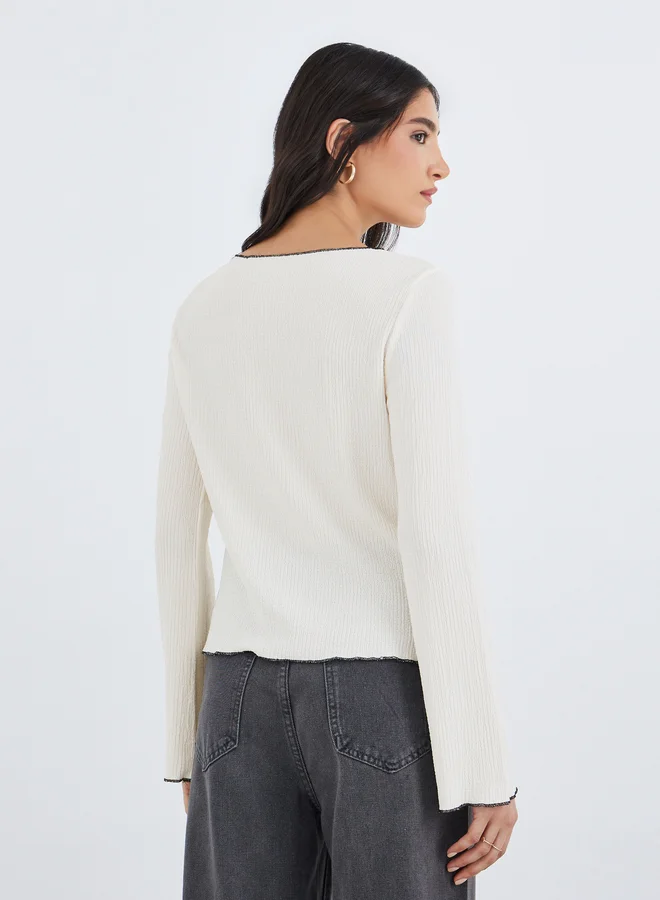 Take Two Take Two Solid Texture Round Neck Flared Sleeve Top