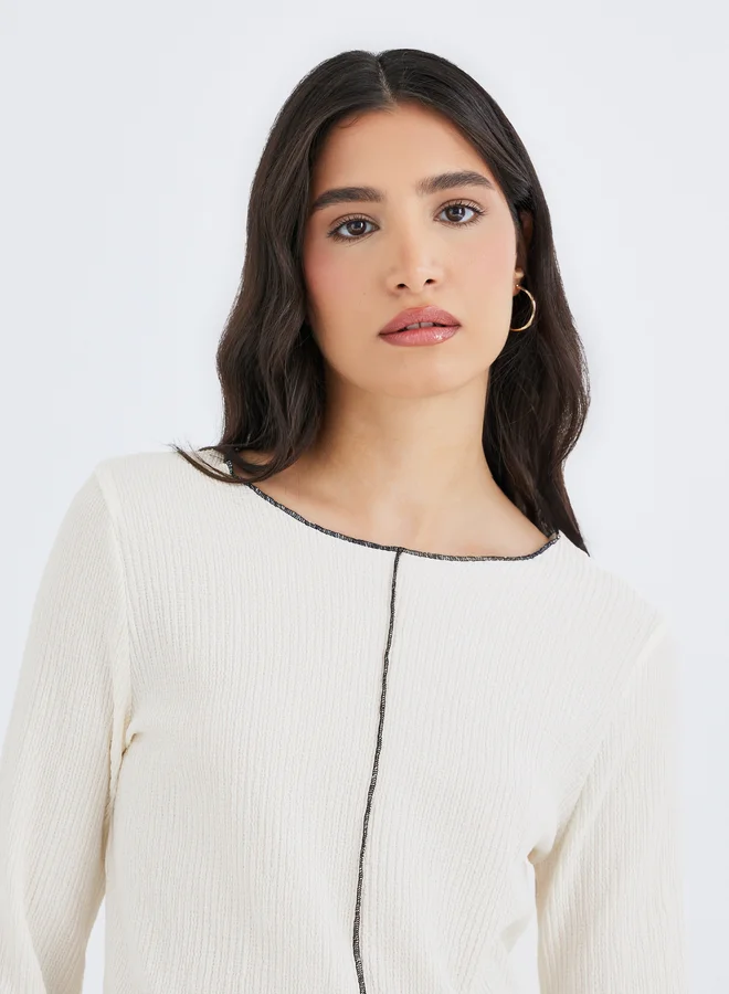 Take Two Take Two Solid Texture Round Neck Flared Sleeve Top