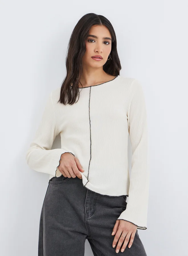 Take Two Take Two Solid Texture Round Neck Flared Sleeve Top