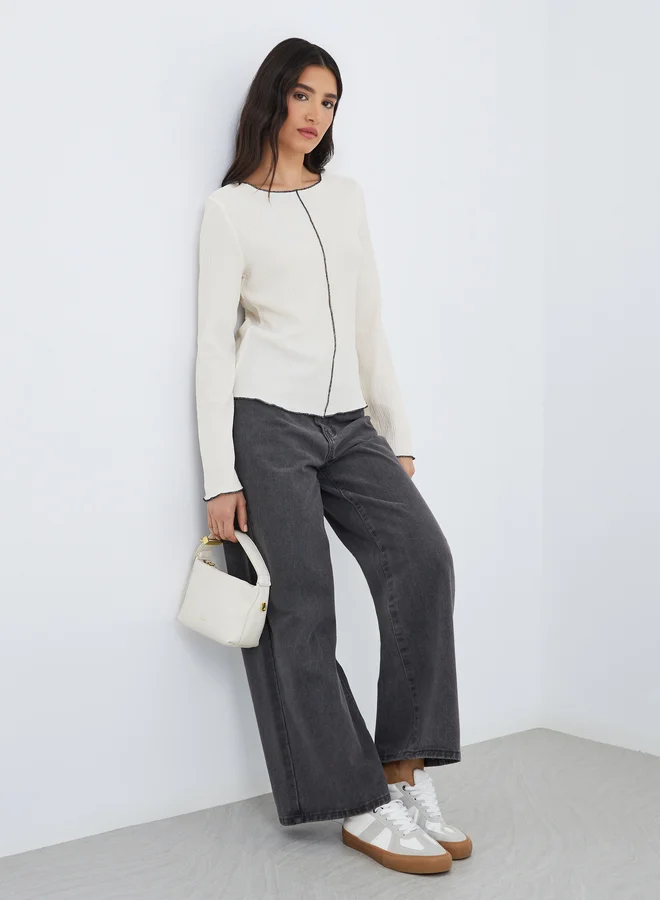 Take Two Take Two Solid Texture Round Neck Flared Sleeve Top