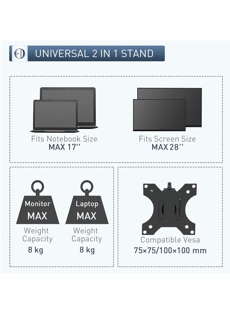 XiuWoo Laptop Monitor Mount Stand Notebook Desk Mount Adjustable Vesa 75/100 Max Load 8KG Compatible With 17-28" Monitor Or 13-17" Laptop ith Clamp And Grommet Mounting Base - Image 2