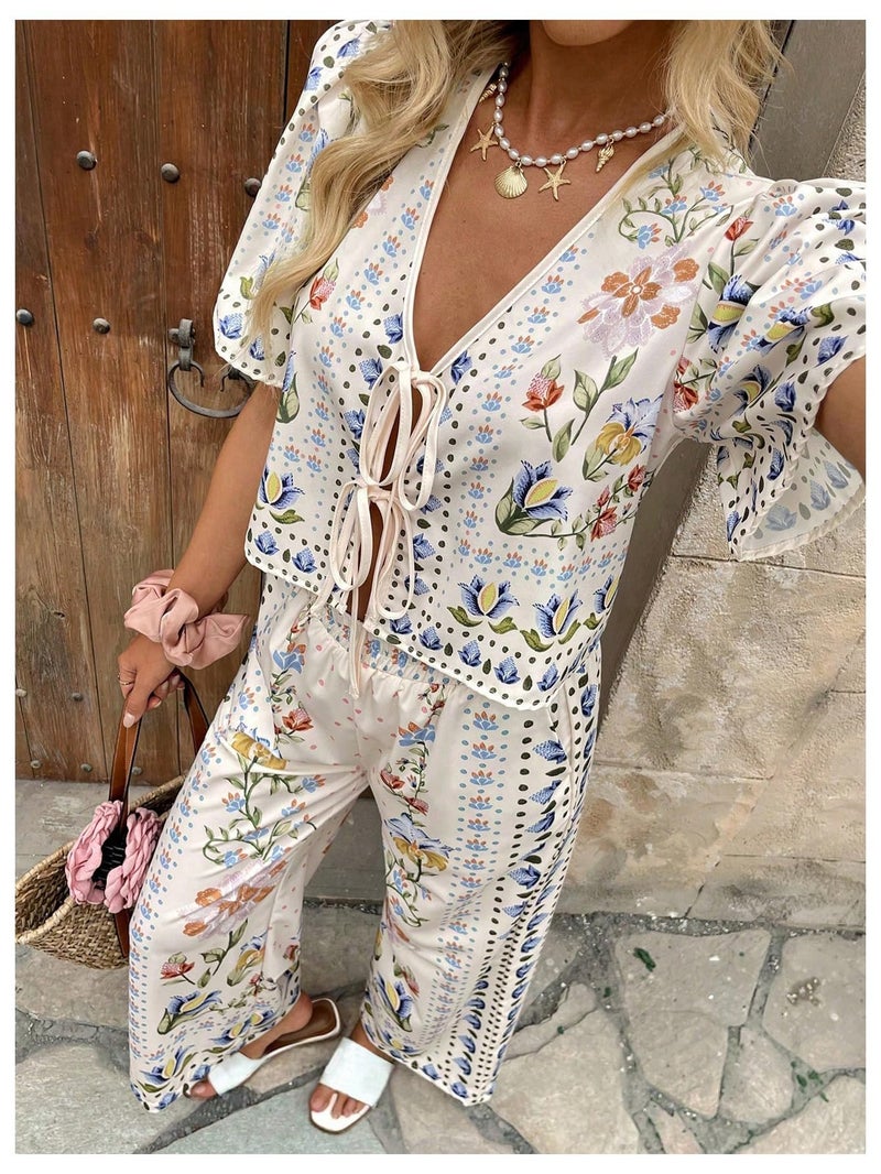 WDIRARA Women's Boho Floral 2 Piece Palazzo Pants Set Short Sleeve Tie Front Blouse Wide Leg Pants Vacation Outfits Apricot Medium - Image 5