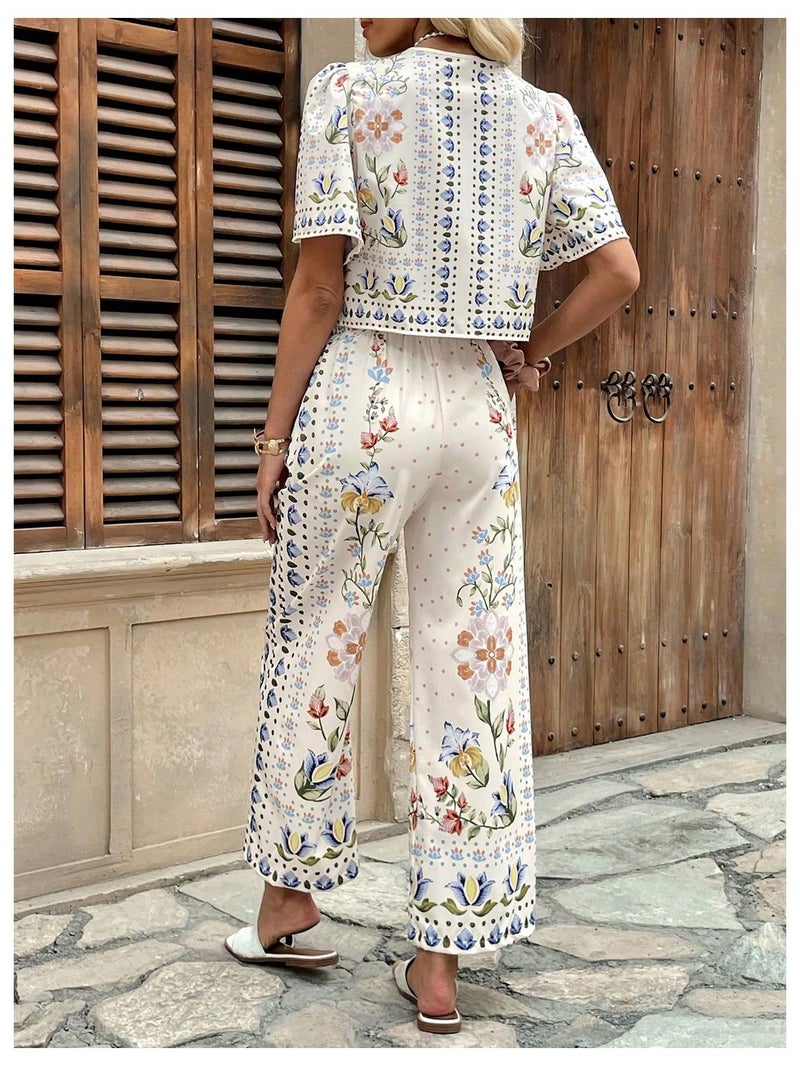 WDIRARA Women's Boho Floral 2 Piece Palazzo Pants Set Short Sleeve Tie Front Blouse Wide Leg Pants Vacation Outfits Apricot Medium - Image 2