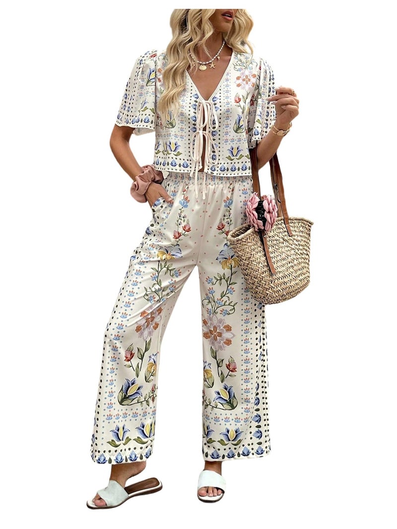 WDIRARA Women's Boho Floral 2 Piece Palazzo Pants Set Short Sleeve Tie Front Blouse Wide Leg Pants Vacation Outfits Apricot Medium - Image 1