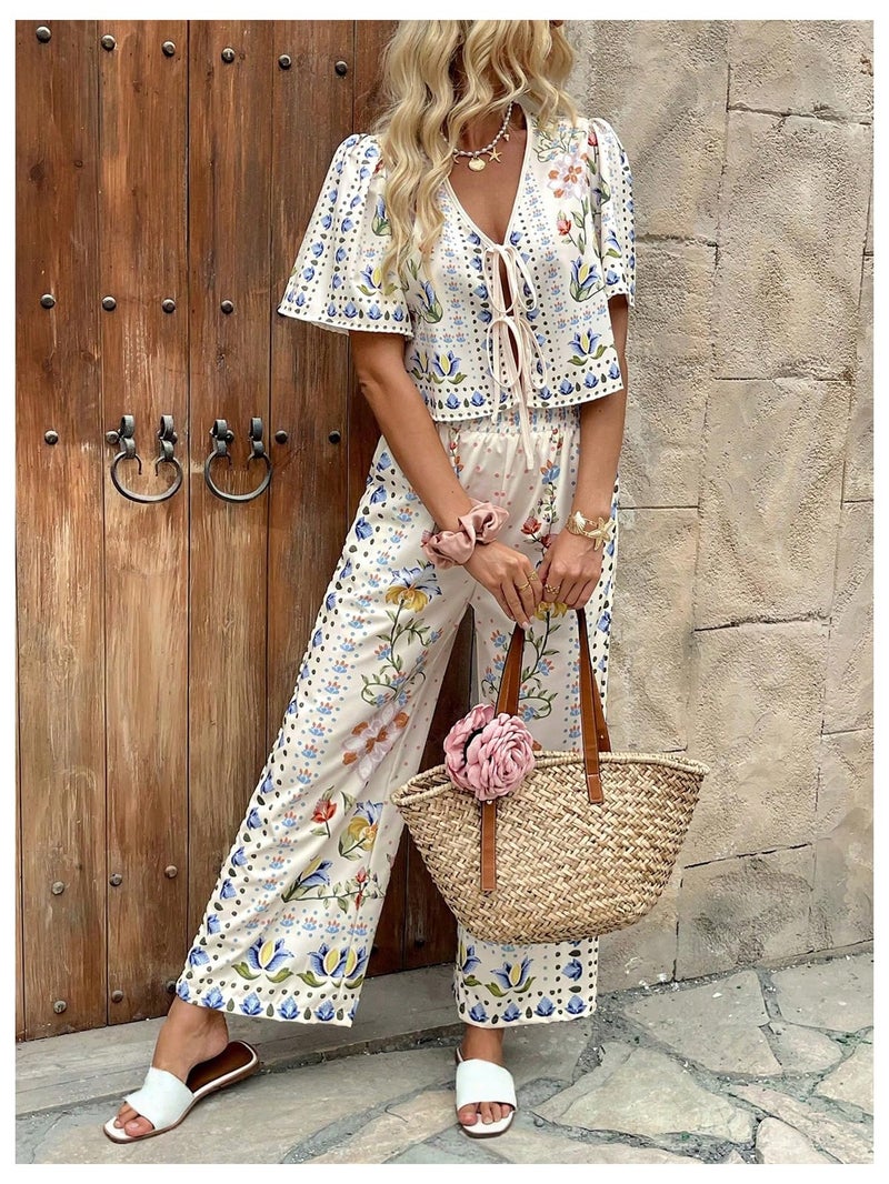 WDIRARA Women's Boho Floral 2 Piece Palazzo Pants Set Short Sleeve Tie Front Blouse Wide Leg Pants Vacation Outfits Apricot Medium - Image 3