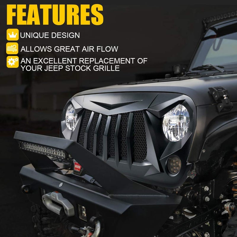Xprite Matte Black Front Grill Grid Grille w/Mesh Compatible with Jeep Wrangler Rubicon Sahara Sport JK 2007-2018 - Image 4