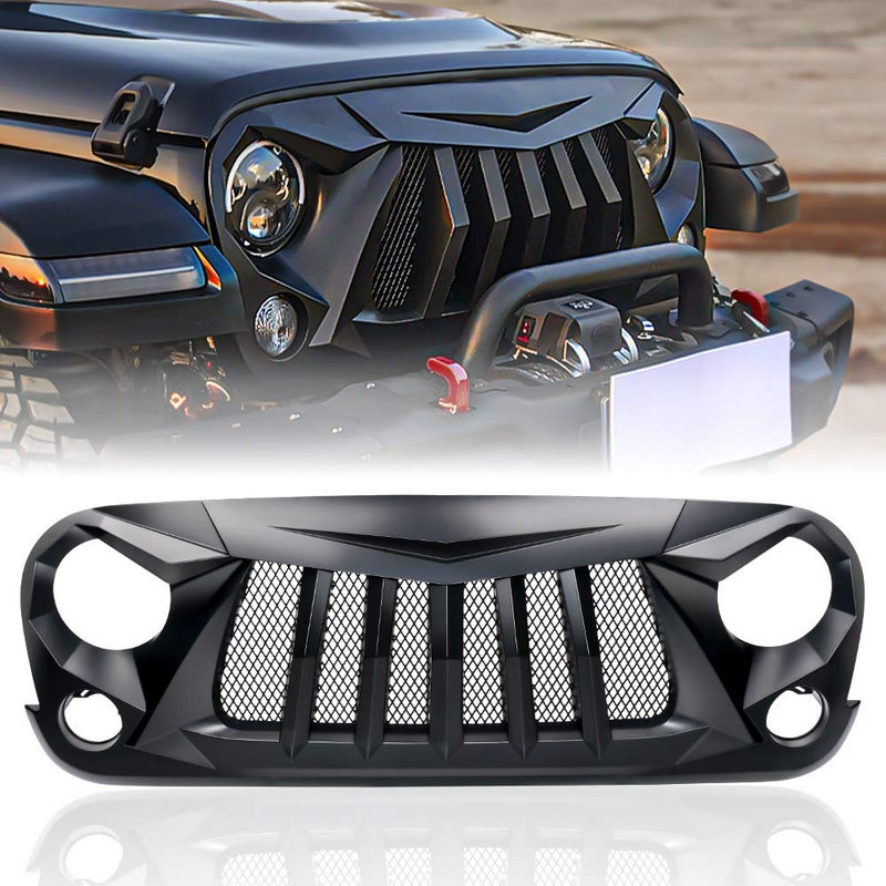 Xprite Matte Black Front Grill Grid Grille w/Mesh Compatible with Jeep Wrangler Rubicon Sahara Sport JK 2007-2018 - Image 1