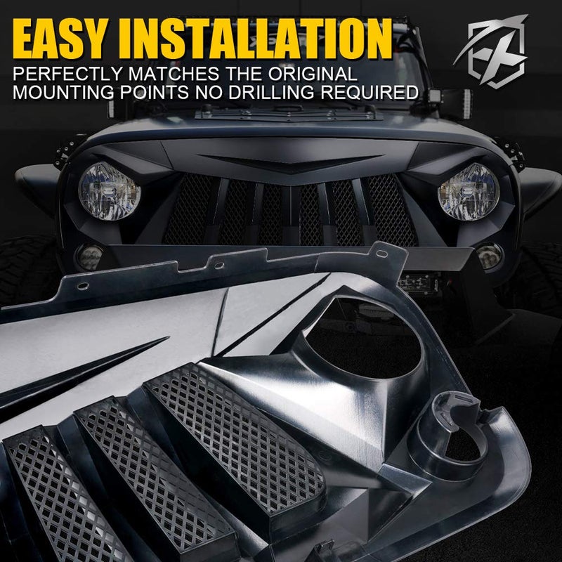 Xprite Matte Black Front Grill Grid Grille w/Mesh Compatible with Jeep Wrangler Rubicon Sahara Sport JK 2007-2018 - Image 5