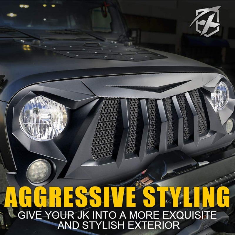 Xprite Matte Black Front Grill Grid Grille w/Mesh Compatible with Jeep Wrangler Rubicon Sahara Sport JK 2007-2018 - Image 2