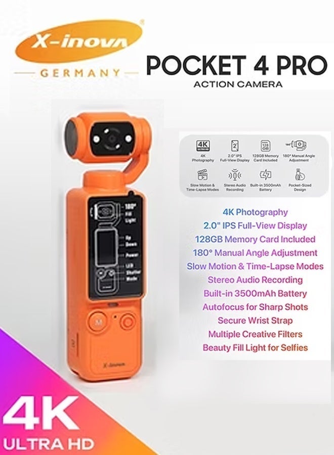 X-Inova Pocket 4 PRO 4K Ultra HD Action Camera Orange - Image 1