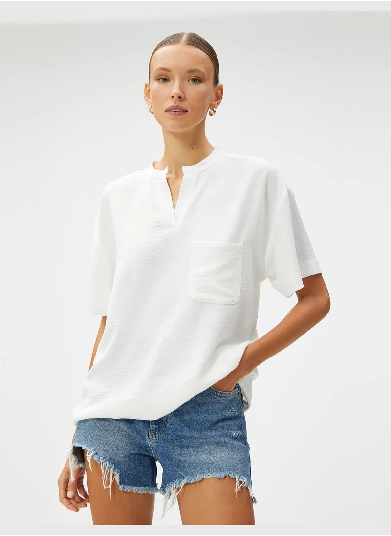 KOTON Short Sleeve Blouse Pocket Mandarin Neck