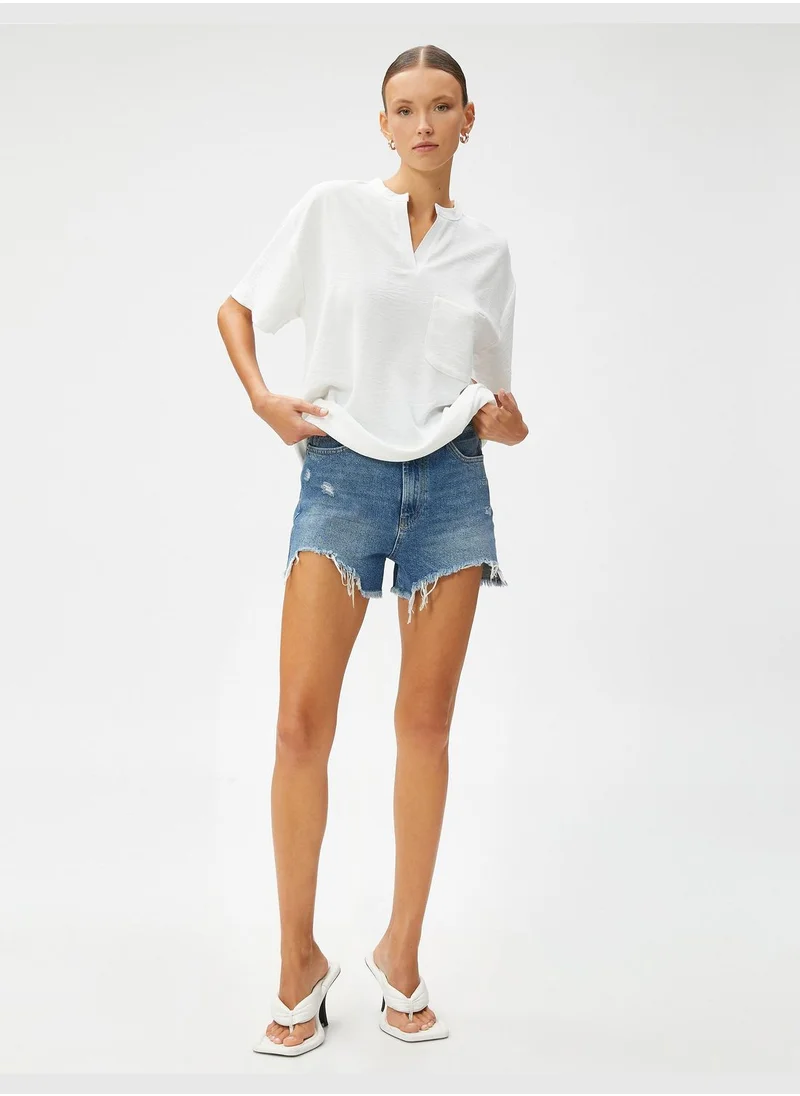 كوتون Short Sleeve Blouse Pocket Mandarin Neck