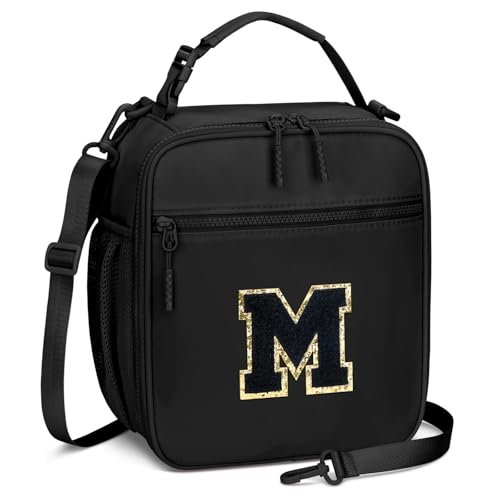 CLOUDWINGS Initial Insulated Lunch Bag for Boys Kids, Back to School Gift, Reusable Leak-proof Lunch Box with Adjustable Strap for School Daycare Travel Picnic（Black，M） - Image 1