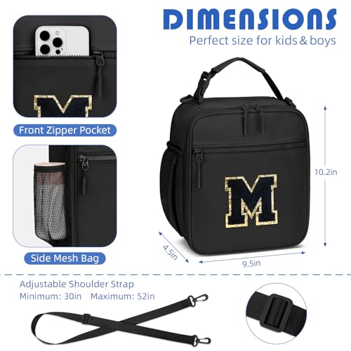 CLOUDWINGS Initial Insulated Lunch Bag for Boys Kids, Back to School Gift, Reusable Leak-proof Lunch Box with Adjustable Strap for School Daycare Travel Picnic（Black，M） - Image 3