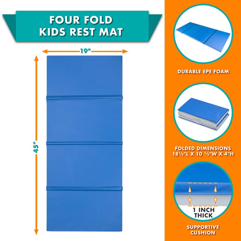 ProSource Four-Fold Kids Rest Mat, 1-inch Thick Sleeping Mats for Kids, Foam Foldable Cushion for Child Comfort, 45-in - Blue/Grey - Image 2