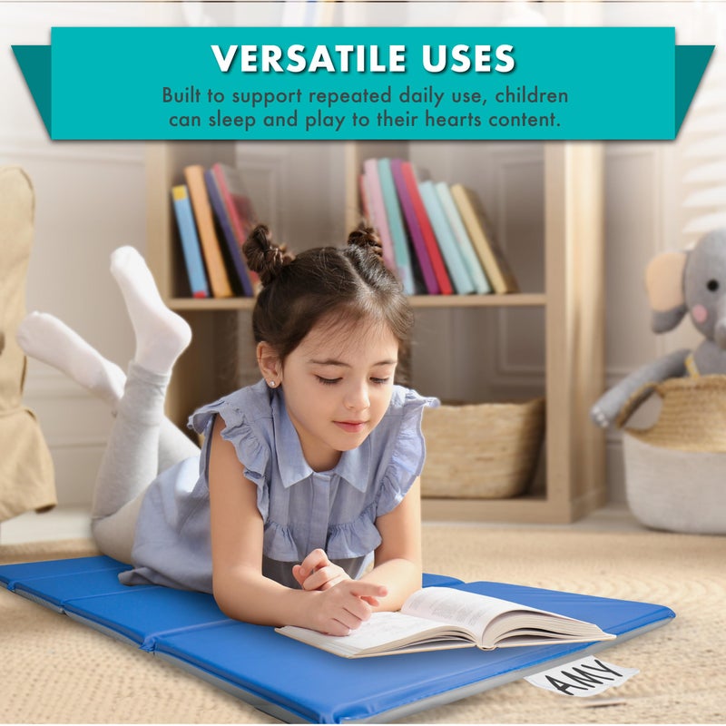 ProSource Four-Fold Kids Rest Mat, 1-inch Thick Sleeping Mats for Kids, Foam Foldable Cushion for Child Comfort, 45-in - Blue/Grey - Image 4
