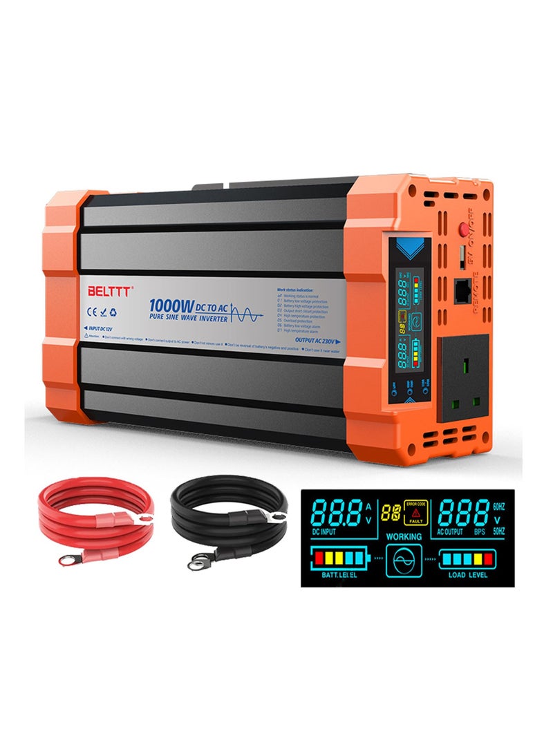 Luckam 1000W Power Inverter 12V to 240V AC Pure Sine Wave Car DC UK with Sockets Dual Adapter With LED Display Suitable for Travel Cing RV - Image 1
