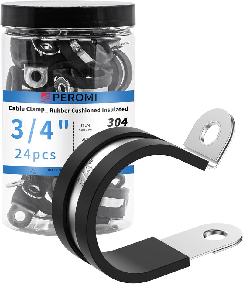 PEROMI 24PCS 3/4" Double Cable Clamps with updated Riveted Reinforce, 304 Stainless Steel Rubber Cushioned Insulated Loop & Pipe Clamps - Image 1