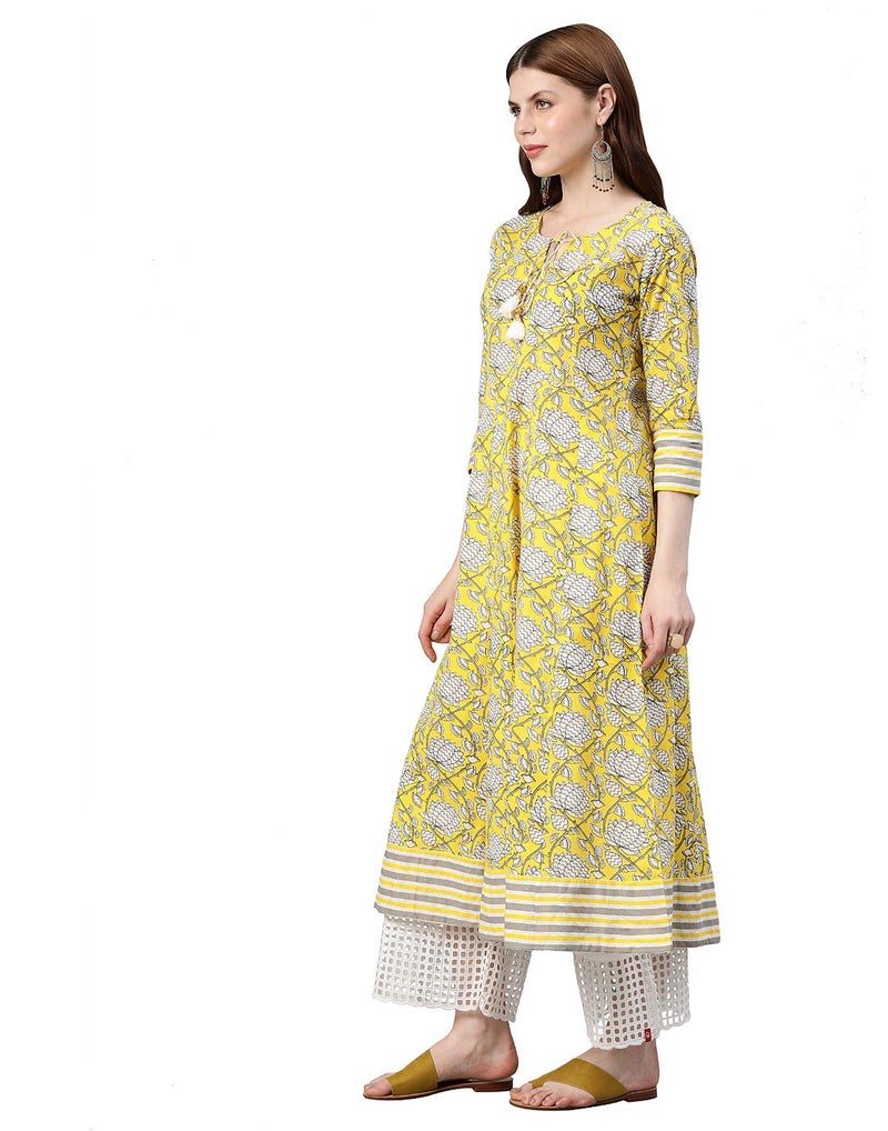 Yash Gallery Women's Cambric Cotton Floral Printed Regular Fit Anarkali Kurta for Women (1080YKLEMON_Yellow_XX-Large) - Image 2