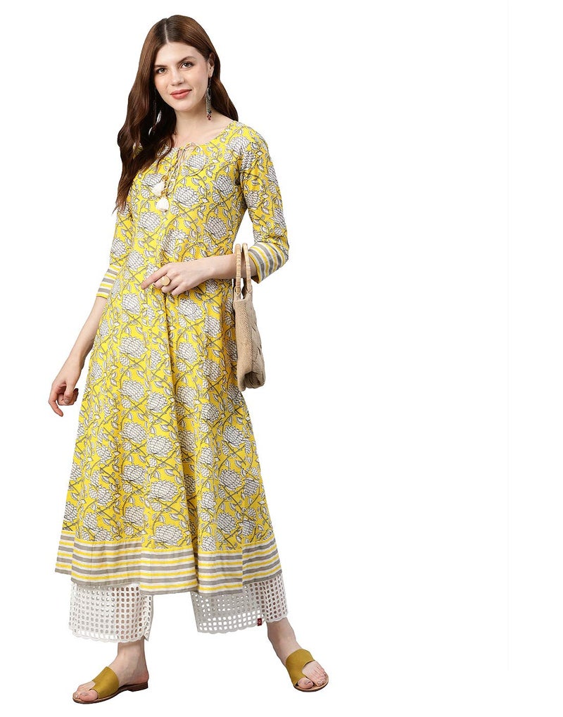 Yash Gallery Women's Cambric Cotton Floral Printed Regular Fit Anarkali Kurta for Women (1080YKLEMON_Yellow_XX-Large) - Image 1