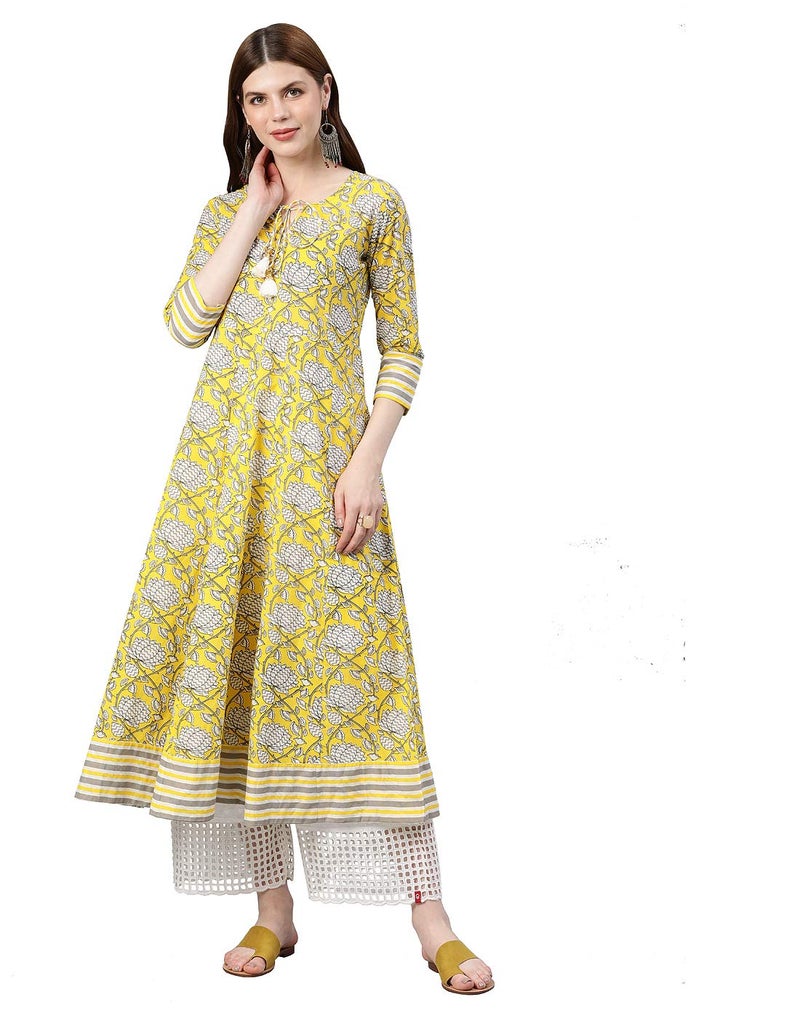 Yash Gallery Women's Cambric Cotton Floral Printed Regular Fit Anarkali Kurta for Women (1080YKLEMON_Yellow_XX-Large) - Image 3