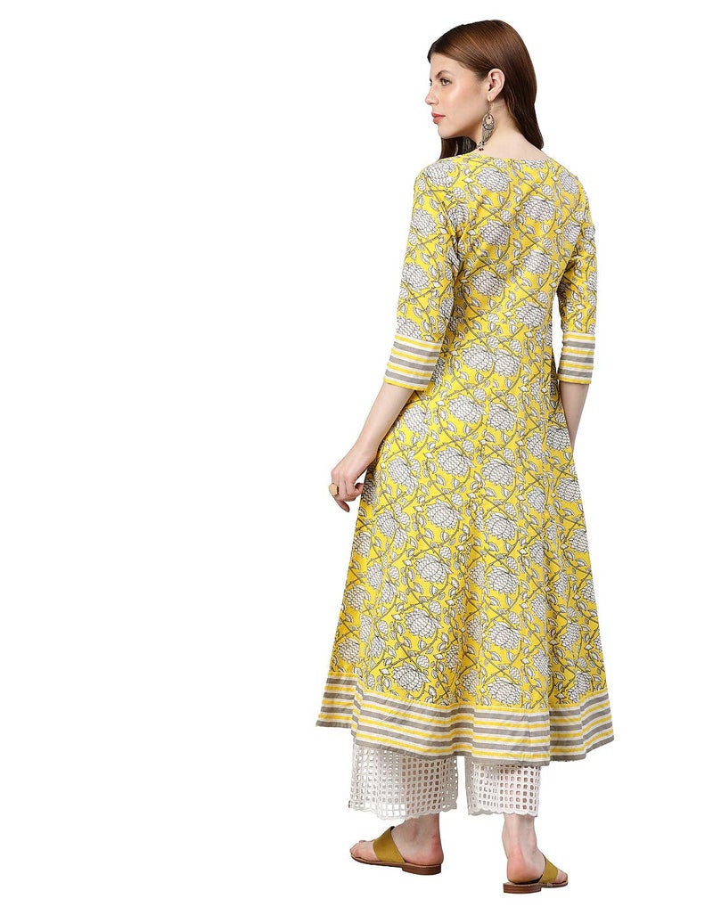 Yash Gallery Women's Cambric Cotton Floral Printed Regular Fit Anarkali Kurta for Women (1080YKLEMON_Yellow_XX-Large) - Image 4