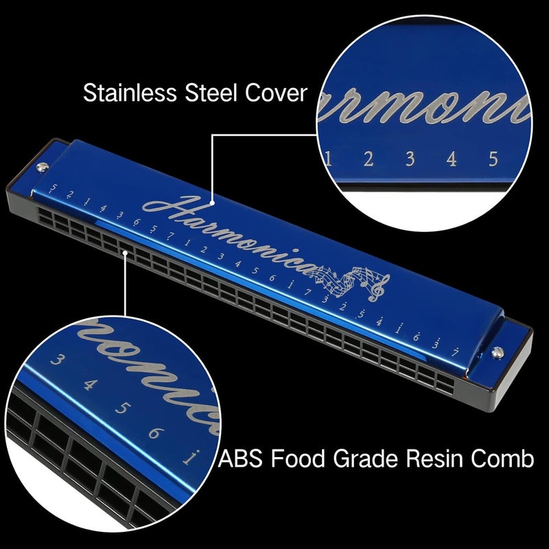 Hricane Harmonica 10 Holes 20 Tunes Mouth Organ Blues Deluxe Harmonica, Key of C Major for Beginner, Adults, Kids Gift, Professional with Case and Cleaning Cloth (Blue 24 Holes) - Image 4