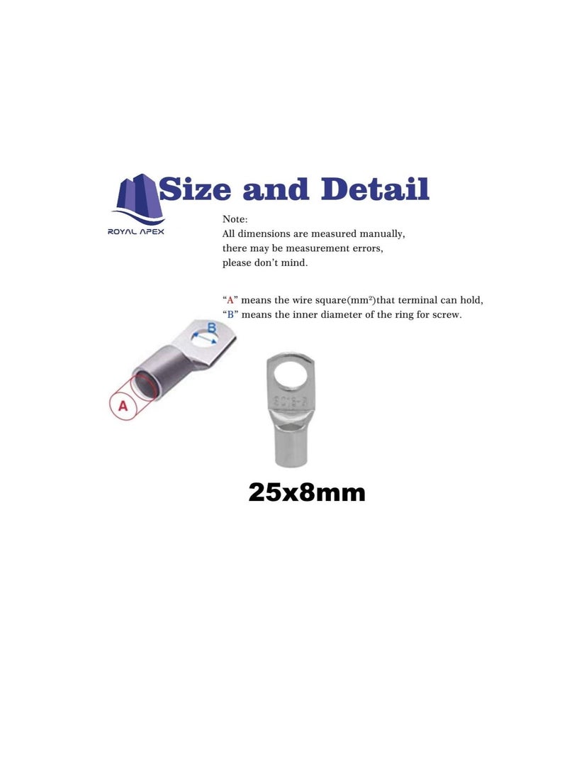Copper Cable Lugs 10Pcs Set Wire Terminals Connector Cable lugs Ring Battery SC Terminals for Marine Solar Automotive Electric Home Applications etc. Hole Size 8mm Cable Size 25mm - Image 2