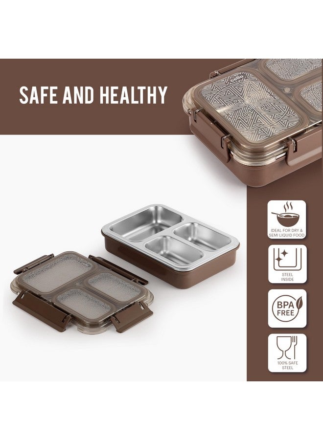 Cello CELLO Tri Lunch Insulated Lunch Box | Inner Stainless Steel Compartment | Silicon Seal in The Lid with with 4 Sided Click Locks | Ideal for College,Office, Outdoor Activities | Brown | Set of 1  - Image 3