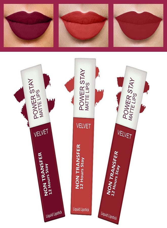 فور فور مجموعة أحمر شفاه FORFOR® Power Stay Long Last Matte المكونة من 3 قطع - مقاومة للماء (تدوم 12 ساعة) (لون عنابي للعرائس، أحمر حلوى، أحمر نابض بالحياة، عبوة من 3 قطع) - Image 1