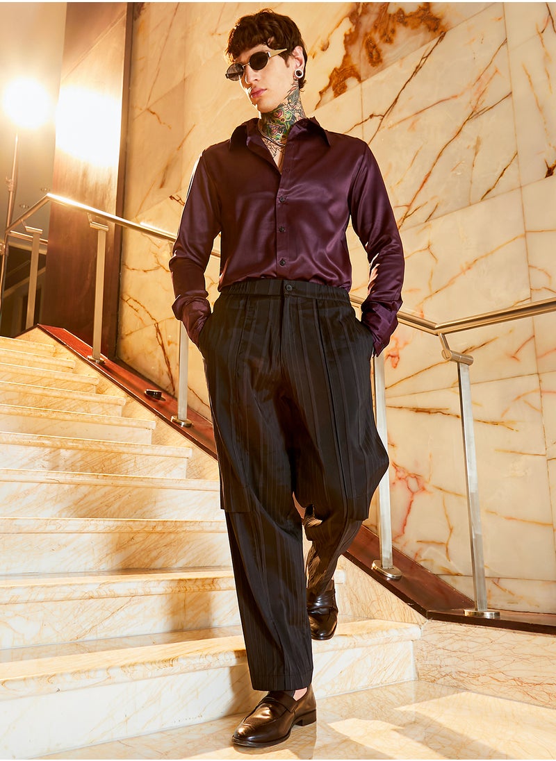 Campus Sutra - Men's Onyx Black Unbalanced-Ridge Straight Trousers - Image 1