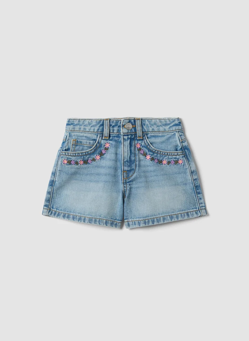 Ovs OVS Girlsâ€™ Blue Denim Cotton Shorts, Regular Fit With Embroidery