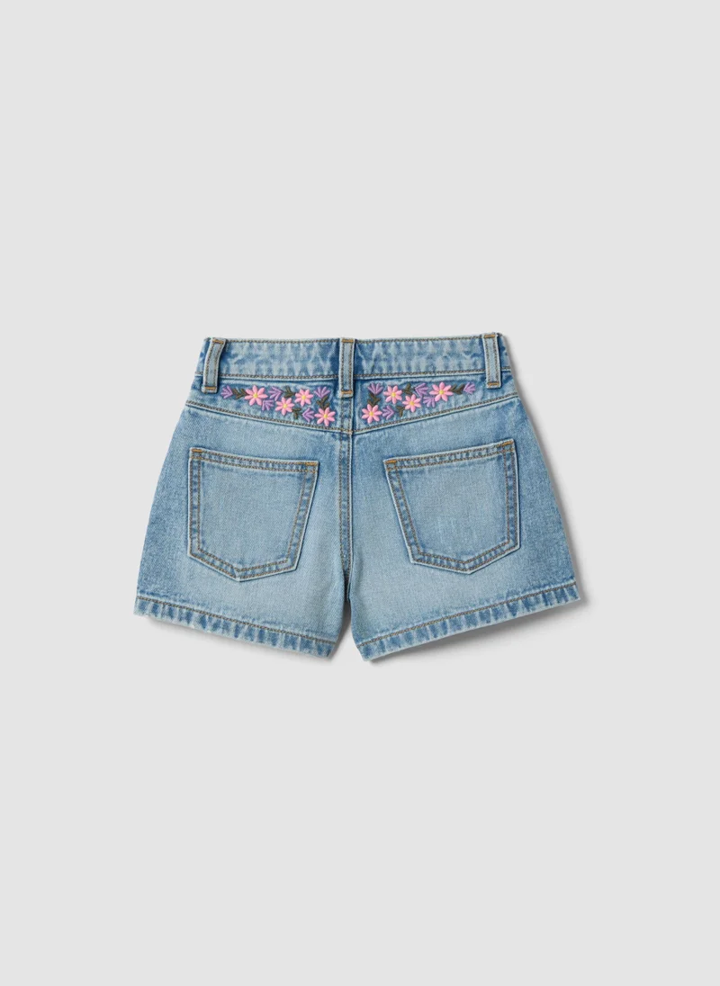 Ovs OVS Girlsâ€™ Blue Denim Cotton Shorts, Regular Fit With Embroidery