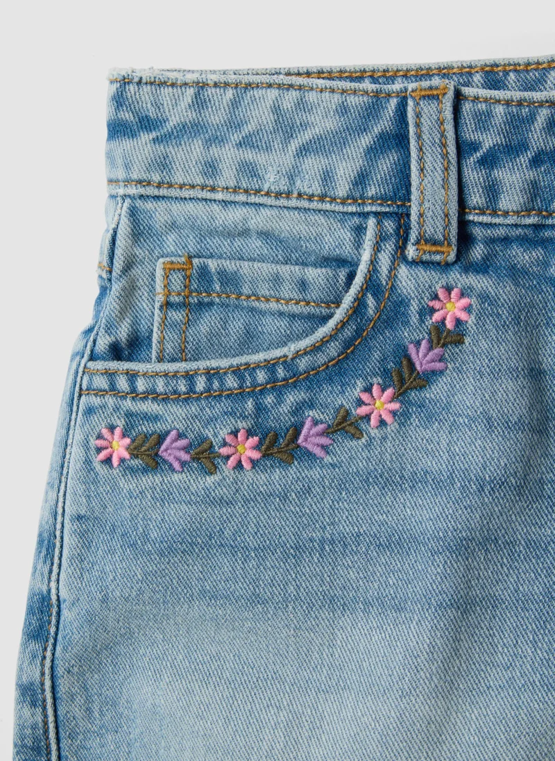 Ovs  OVS Girlsâ€™ Blue Denim Cotton Shorts, Regular Fit With Embroidery for Women | Best Price UAE