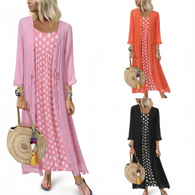 Plus Size Long Sleeve Tie Front Polka Dot Print Dress Set