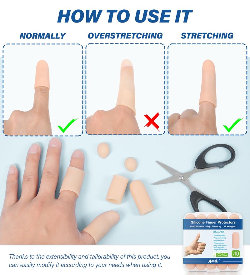 MasterMo Gel Finger Cots Protectors, Silicone Fingers Covers Bandages Caps Sleeves for Fingertip Thumb Protection, Ideal for Trigger, Arthritis, Cracking, Blisters, Callus, Hangnail & Pain Relief (Nude, M, 10PCS) - Image 5