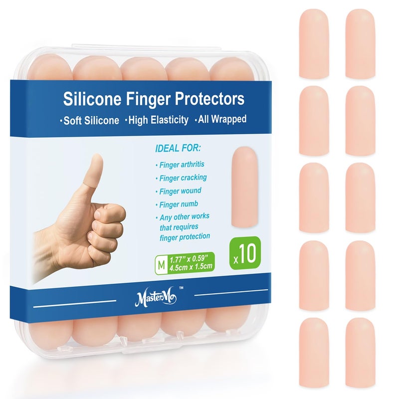 MasterMo Gel Finger Cots Protectors, Silicone Fingers Covers Bandages Caps Sleeves for Fingertip Thumb Protection, Ideal for Trigger, Arthritis, Cracking, Blisters, Callus, Hangnail & Pain Relief (Nude, M, 10PCS) - Image 1