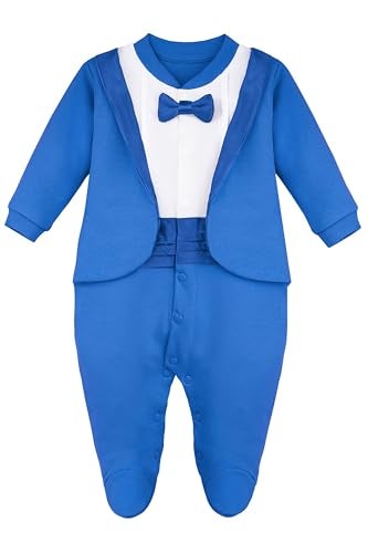 Lilax Baby Boy Gentleman Tuxedo Footie Christmas Holiday Outfit with Bow Tie Newborn Royal Blue - Image 3