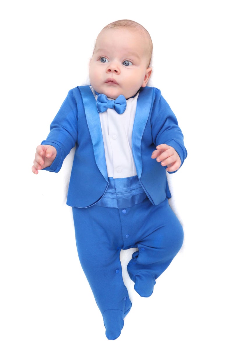 Lilax Baby Boy Gentleman Tuxedo Footie Christmas Holiday Outfit with Bow Tie Newborn Royal Blue - Image 2