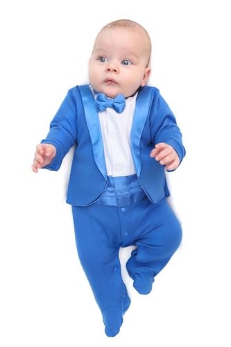 Lilax Baby Boy Gentleman Tuxedo Footie Christmas Holiday Outfit with Bow Tie Newborn Royal Blue - Image 1