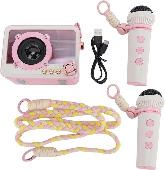 آلة كاريوكي محمولة مع ميكروفون لاسلكي باللون الوردي لحفلات المنزل والسفر في الهواء الطلق - Image 1