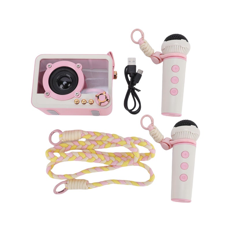 آلة كاريوكي محمولة مع ميكروفون لاسلكي باللون الوردي لحفلات المنزل والسفر في الهواء الطلق - Image 2