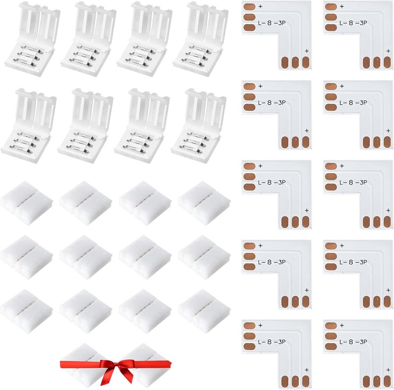 JACKYLED 8mm 3-Pin LED Connectors for LED Strip Lights, Total 22Pcs Corner Connectors Kit for Unwired Gapless Solderless Adapter Extension - 8mm 3pin 10 Pack - Image 1