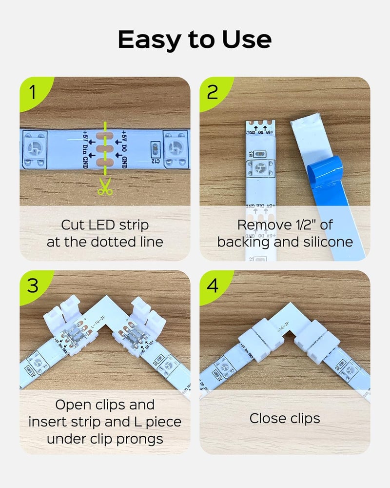 JACKYLED 8mm 3-Pin LED Connectors for LED Strip Lights, Total 22Pcs Corner Connectors Kit for Unwired Gapless Solderless Adapter Extension - 8mm 3pin 10 Pack - Image 4