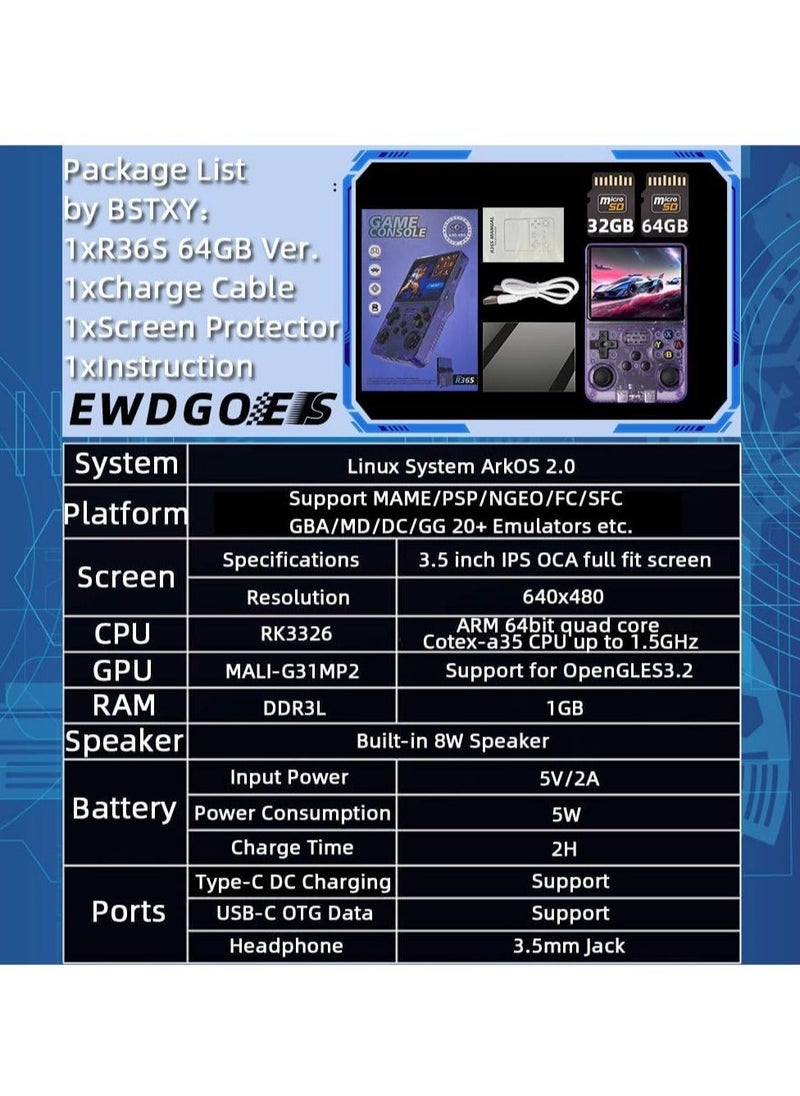 R36S Handheld Retro Gaming Console Linux System with 128G TF Card, Preloaded with 15000+ Games, Retro Video Game Console 3.5-inch IPS Screen (Purple 128G)